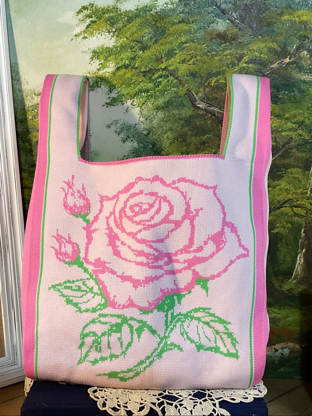 Pink Rose Knit Tote Bag - Floral Pink & Green